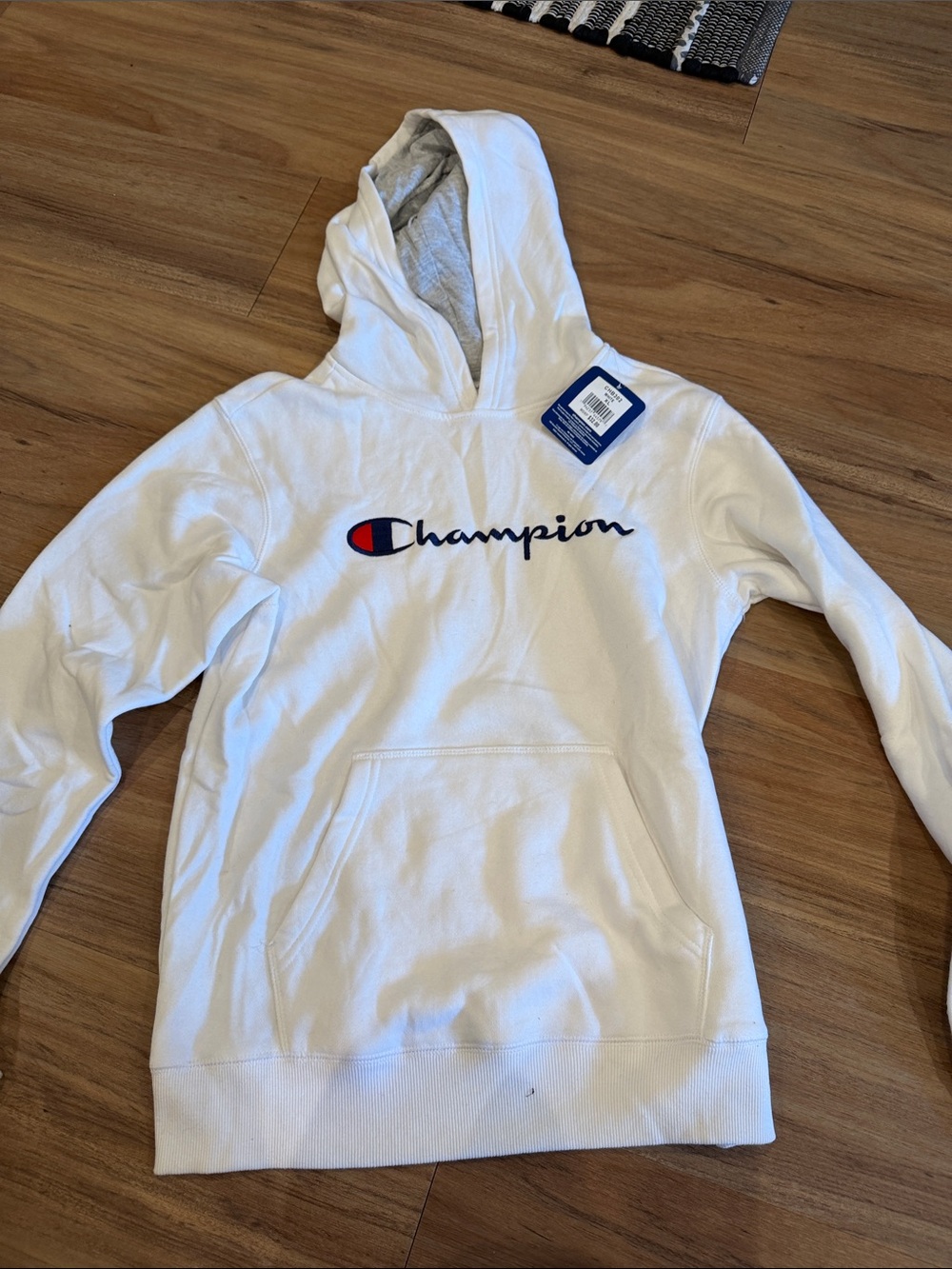Champion White Hoodie with Navy Script and Red Logo
